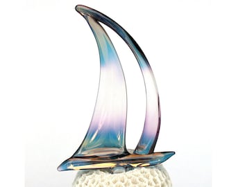 Sailboat Figurine Sculpture Hand Blown Glass Gold Coral