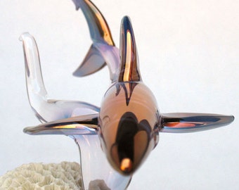 Shark Figurine of Hand Blown Glass 24K Gold and Coral