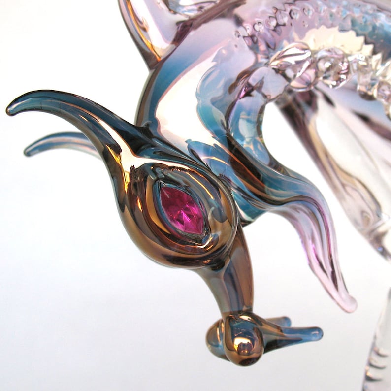Dragon Figurine Winged Blown Glass on Amethyst Crystal