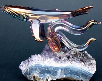 Whale Figurine Sculpture Blown Glass Amethyst Crystal