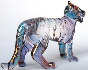 Tiger Figurine Hand Blown Glass Gold Crystal Sculpture