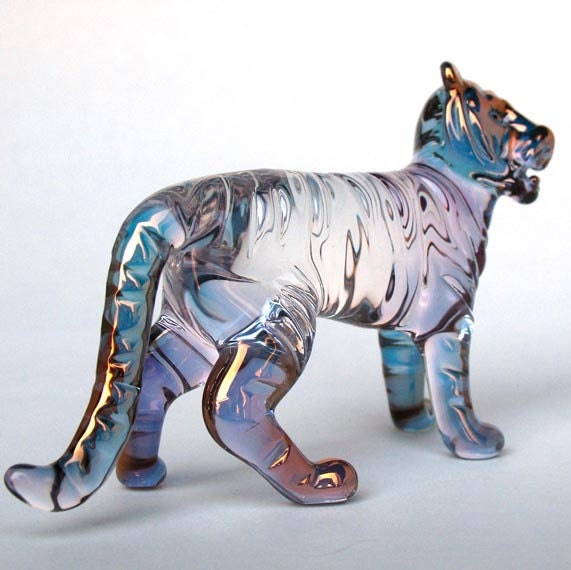 Tiger Figurine Hand Blown Glass Gold Crystal Sculpture