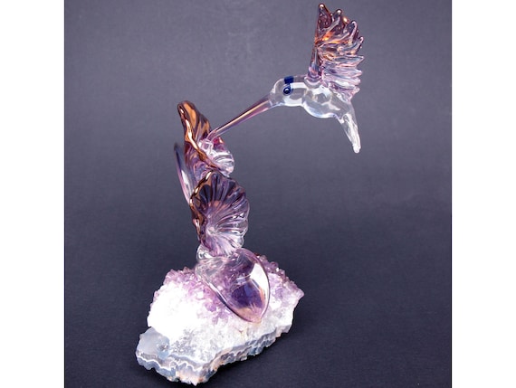Hummingbird Figurine Sculpture Hand Blown Glass Crystal 24k Gold