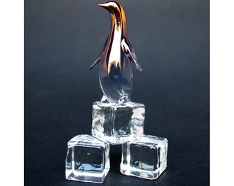 Penguin on Ice Figurine of Hand Blown Glass 24K Gold