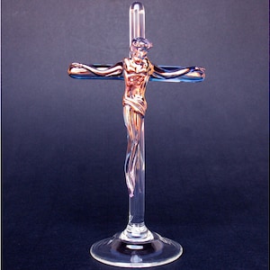 Crucifix Jesus Cross Figurine Blown Glass Crystal Gold