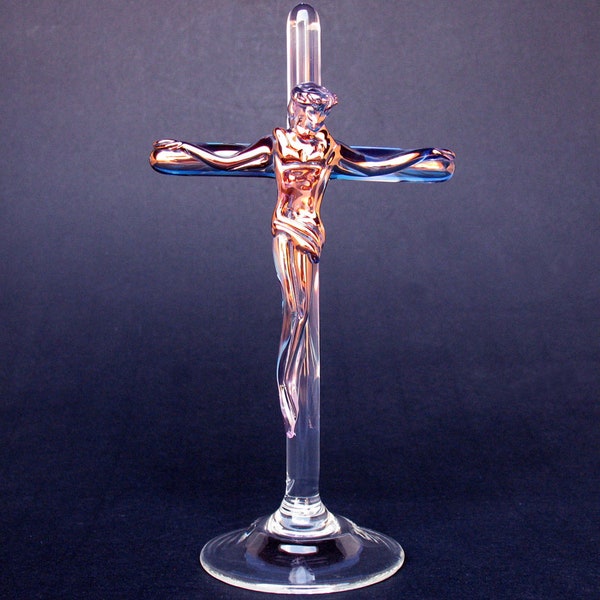 Crucifix Jesus Cross Figurine Blown Glass Crystal Gold