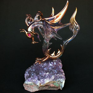 Dragon Figurine Winged Blown Glass on Amethyst Crystal
