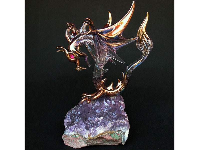 Dragon Figurine Winged Blown Glass on Amethyst Crystal