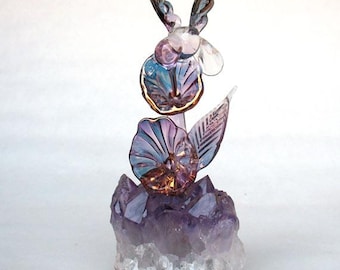 Hummingbird Figurine Hand Blown Glass Amethyst Crystal