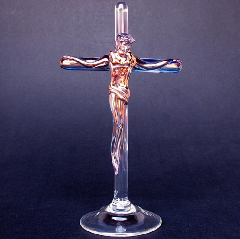 Crucifix Jesus Cross Figurine Blown Glass Crystal Gold Etsy