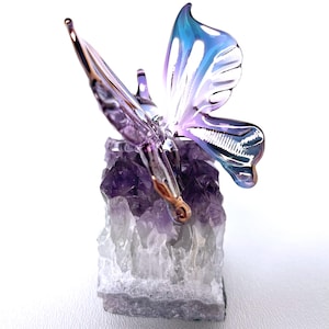 Hand Blown Glass Butterfly Figurine Crystal Sculpture with 24k Gold on Amethyst