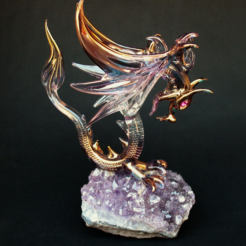 Dragon Figurine Winged Blown Glass on Amethyst Crystal