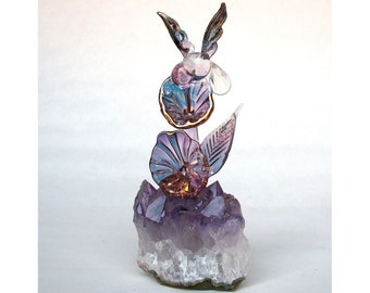 Hummingbird Figurine Hand Blown Glass Amethyst Crystal