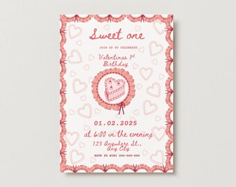 Editable Pink “Sweet One” 1st Birthday Invitation, Heart Cake First Birthday Invite, Editable Digital Download, Girl One Year, 3 in 1 bundle