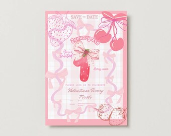 Berry First Birthday Invitation • Strawberry One Invite • Berry Sweet 1st Birthday Party • Editable Template