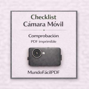May include: A square graphic with the text "Checklist Cámara Móvil" and "Comprobación PDF imprimible." A stylized illustration of a gray mobile camera is centered below the text. The graphic also includes the text "MundoFácilPDF."