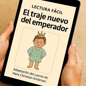 May include: A tablet displays a children's book cover in Spanish, titled "El traje nuevo del emperador" (The Emperor's New Clothes). The illustration features a cartoon emperor wearing a crown and a green outfit. The text reads "Lectura Fácil" (Easy Reading).