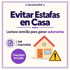 May include: A digital document titled Evitar Estafas en Casa with the subtitle Lectura sencilla para ganar autonomía. It features a house icon, a warning triangle, and text indicating a printable PDF and an included checklist.