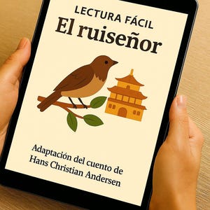 Puede incluir: Una tableta muestra la portada de un libro titulado "El ruiseñor". La ilustración presenta un pájaro marrón posado en una rama, una pagoda dorada y marrón, y el texto "Adaptación del cuento de Hans Christian Andersen". El título "Lectura Fácil" está en la parte superior.