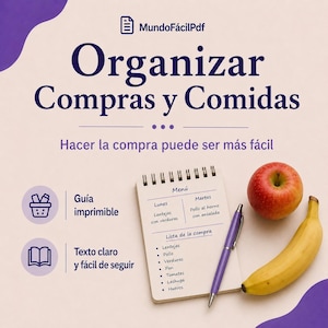 Puede incluir: Imagen que promueve la planificación de comidas, con un bloc de notas con un menú y una lista de compras, una manzana roja, un plátano amarillo y un bolígrafo morado. El texto dice "Organizar Compras y Comidas" y "Hacer la compra puede ser más fácil."