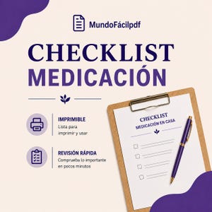 Puede incluir: Gráfico beige y morado con el texto "CHECKLIST MEDICACIÓN" y "MundoFácilpdf" en la parte superior. Un portapapeles con una lista de verificación y un bolígrafo está a la derecha. Los iconos y el texto describen la lista de verificación como imprimible y para una revisión rápida.