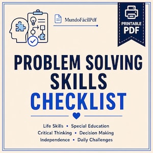 May include: A printable PDF document titled PROBLEM SOLVING SKILLS CHECKLIST in dark blue text. The graphic features a human head silhouette with a puzzle piece, a clipboard with a lightbulb, and a checkmark. Subtext includes Life Skills and more.