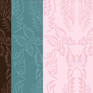 May include: A digital pattern design featuring three vertical panels in dark brown, teal, and light pink. Each panel displays a repeating symmetrical graphic motif of stylized, pointed leaf-like shapes outlined in a lighter shade of the background color.