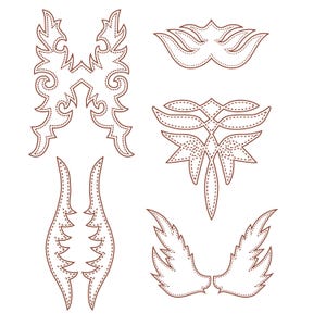 Könnte beinhalten: Eine Sammlung brauner, dekorativer Designelemente auf weißem Hintergrund. Die Designs umfassen symmetrische Formen mit blattartigen und abstrakten Mustern, die mit gepunkteten Linien umrandet sind, geeignet für Bastelarbeiten oder Verzierungen.