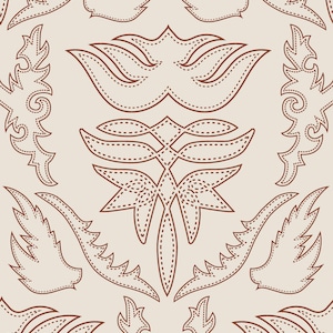 May include: A repeating pattern of brown stylized floral and leaf motifs on a cream background. The design elements are outlined with dotted lines, giving a stitched or embroidered appearance, suitable for textiles or wallpaper.