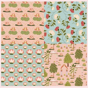 May include: A square image featuring four distinct floral and architectural patterns. The patterns include lotus flowers, stylized floral branches, and decorative garden scenes with arches and trees, all in soft pastel colors.