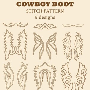 Puede incluir: Un gráfico digital con el texto COWBOY BOOT STITCH PATTERN 9 designs en marrón. Debajo del texto hay nueve patrones de costura de líneas marrones dispuestos en una cuadrícula, mostrando varios motivos decorativos.