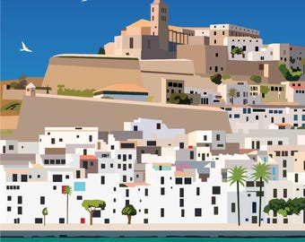 Impressão artística do horizonte de Ibiza • Pôster de viagem moderno da Espanha. Impressão de pôster de viagem de Ibiza (Download digital)