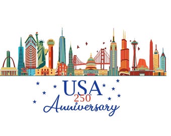 America 250th Anniversary USA Skyline design for shirts, mugs and posters Patriotic Independence Day Digital Design