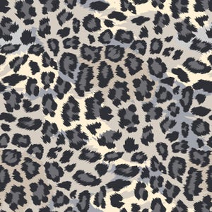 May include: A seamless pattern featuring a leopard print design. The pattern consists of dark gray and black spots on a light beige background, with subtle gray and blue accents. This design is suitable for various applications.
