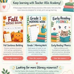 Puede incluir: Un folleto de recursos educativos titulado Love these activities? Keep learning with Teacher Allie Academy! que presenta tres secciones: Fall Sentence Building, Grade 1 Morning Work y Early Reading Phonics con ilustraciones de libros, l&aacute;pices y un gato.