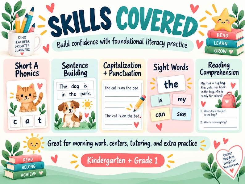 Puede incluir: Un p&oacute;ster educativo titulado SKILLS COVERED con secciones de fon&eacute;tica, construcci&oacute;n de oraciones, puntuaci&oacute;n, palabras visuales y comprensi&oacute;n lectora. Incluye ilustraciones de un gato, un perro, l&aacute;pices, libros y una mochila para estudiantes de jard&iacute;n de infantes y primer grado.