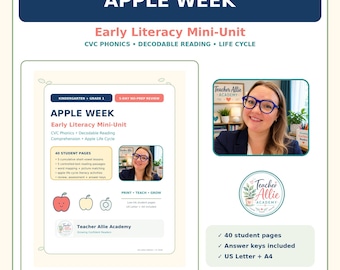 Puede incluir: Una descarga digital educativa titulada Apple Week Early Literacy Mini-Unit para jardín de infancia y primer grado. Incluye 40 páginas para estudiantes, fonética CVC, lectura decodificable y actividades del ciclo de vida de la manzana.