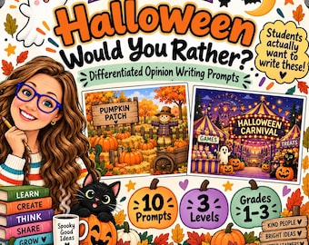 Puede incluir: Un recurso educativo digital titulado Teacher Allie's Halloween Would You Rather con ejercicios de escritura de opinión para los grados 1-3. El gráfico incluye una maestra, un gato negro, calabazas y dos ilustraciones de escenas.