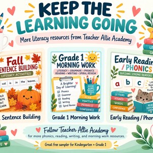 Puede incluir: Gr&aacute;fico de recursos educativos titulado KEEP THE LEARNING GOING que presenta tres secciones: Fall Sentence Building con una calabaza, Grade 1 Morning Work con un portapapeles y Early Reading/Phonics con un gato leyendo un libro, adem&aacute;s de l&aacute;pices y libros.