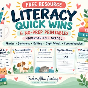 Puede incluir: Un recurso educativo digital titulado Literacy Quick Wins con cinco hojas de trabajo listas para usar en jard&iacute;n de infantes y primer grado. La imagen incluye una taza con l&aacute;pices, una pila de libros con una estrella y cinco fichas sobre fon&eacute;tica, construcci&oacute;n de oraciones, edici&oacute;n, palabras visuales y comprensi&oacute;n lectora.