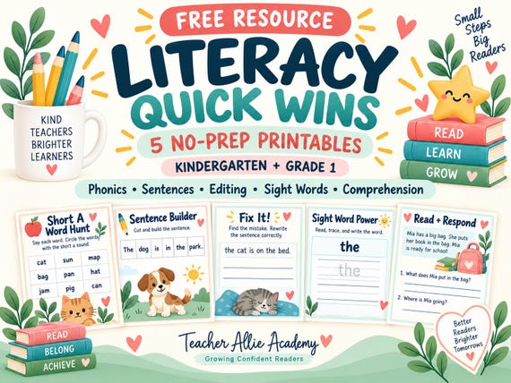 Kindergarten Literacy Worksheets | Phonics, Sight Words, Sentences & Reading Printable PDF