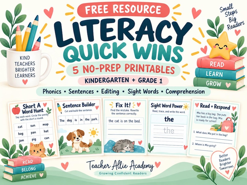 Puede incluir: Un recurso educativo digital titulado Literacy Quick Wins con cinco hojas de trabajo listas para usar en jard&iacute;n de infantes y primer grado. La imagen incluye una taza con l&aacute;pices, una pila de libros con una estrella y cinco fichas sobre fon&eacute;tica, construcci&oacute;n de oraciones, edici&oacute;n, palabras visuales y comprensi&oacute;n lectora.