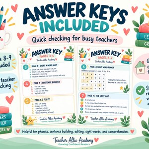 Puede incluir: Hojas de trabajo educativas tituladas Answer Key para las p&aacute;ginas 3-7 de Teacher Allie Academy. Los documentos incluyen ejercicios de fon&eacute;tica, construcci&oacute;n de oraciones y palabras visuales con texto, ilustraciones de libros y una estrella.