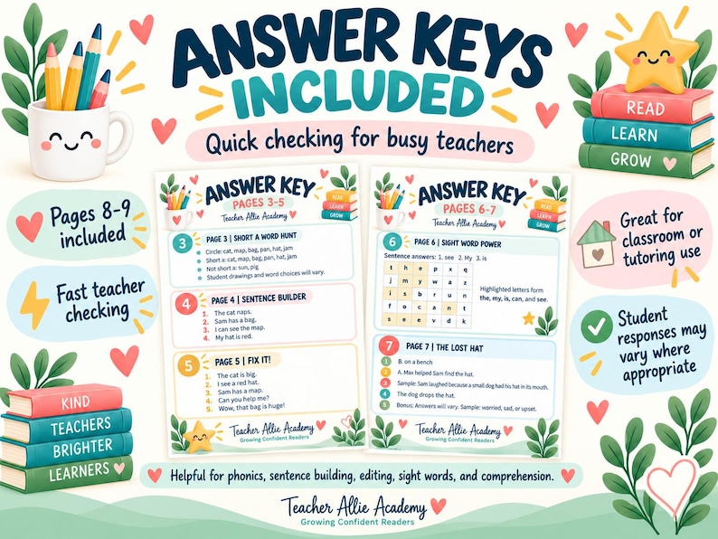 Puede incluir: Hojas de trabajo educativas tituladas Answer Key para las p&aacute;ginas 3-7 de Teacher Allie Academy. Los documentos incluyen ejercicios de fon&eacute;tica, construcci&oacute;n de oraciones y palabras visuales con texto, ilustraciones de libros y una estrella.
