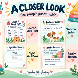 Puede incluir: Hojas de actividades educativas tituladas A Closer Look con cuatro secciones: Short A Word Hunt, Sentence Builder, Sight Word Power y Read + Respond. Las p&aacute;ginas incluyen ilustraciones de un gato, perro, mochila y libros con texto.
