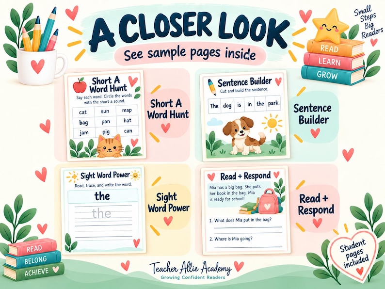 Puede incluir: Hojas de actividades educativas tituladas A Closer Look con cuatro secciones: Short A Word Hunt, Sentence Builder, Sight Word Power y Read + Respond. Las p&aacute;ginas incluyen ilustraciones de un gato, perro, mochila y libros con texto.
