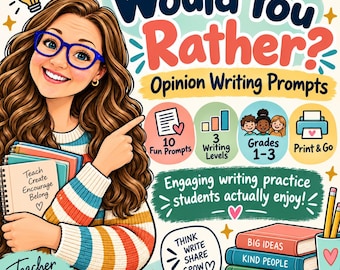 Puede incluir: Una ilustración digital de una persona sonriente con cabello largo castaño y gafas azules señalando el texto Would You Rather? Opinion Writing Prompts. La imagen incluye iconos para 10 temas, 3 niveles, grados 1-3 y material listo para imprimir.