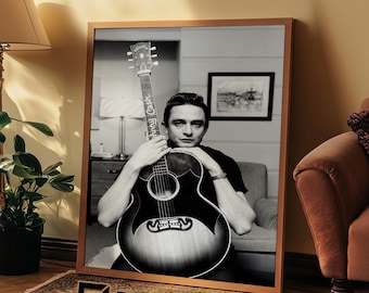 Retrato de Johnny Cash con guitarra / Arte mural musical restaurado en blanco y negro (impresión digital)