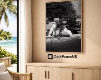 Retrato de Brad Pitt en convertible / Arte mural de famosos en blanco y negro (descarga digital)