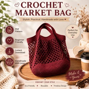 May include: A deep red crochet market bag with a solid base and an open diamond mesh pattern. The text on the image reads CROCHET MARKET BAG, PDF Pattern, Beginner Friendly, Instant Download, Handmade with Love, Perfect for Everyday Use, and Make it Yours.